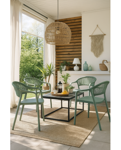 Sillón IBIZA, apilable, tratamiento anti UV, polipropileno y cuerda verde claro