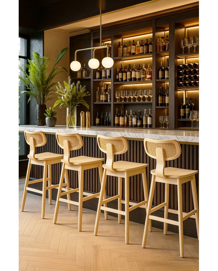 Taburete CORBEL, madera de hevea, rejilla, acabado natural