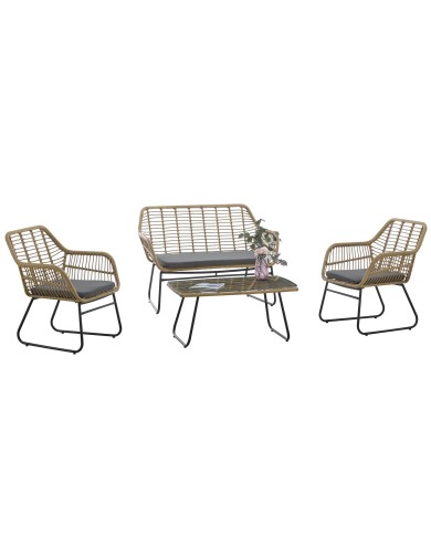 Set KROYA, 2 Sillones + Sofá 2 plazas + mesa, metal, ratán beige, cojines incluidos