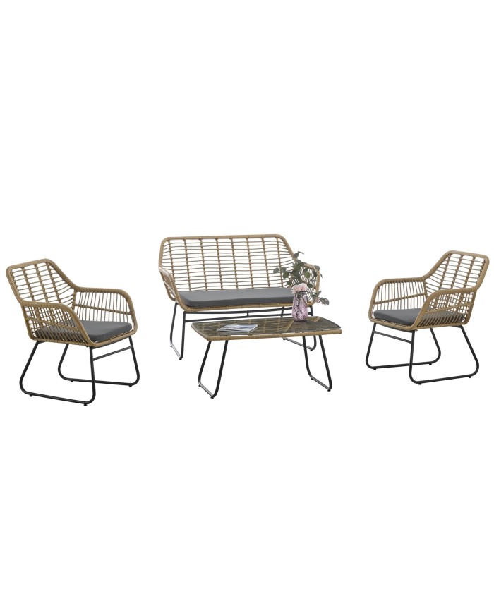 Set KROYA, 2 Sillones + Sofá 2 plazas + mesa, metal, ratán beige, cojines incluidos