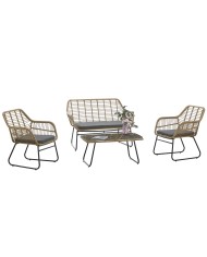 Set KROYA, 2 Sillones + Sofá 2 plazas + mesa, metal, ratán beige, cojines incluidos