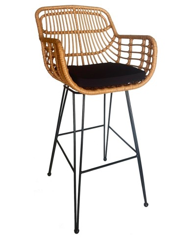 Taburete JAMBI, metal, ratán beige, cojín negro