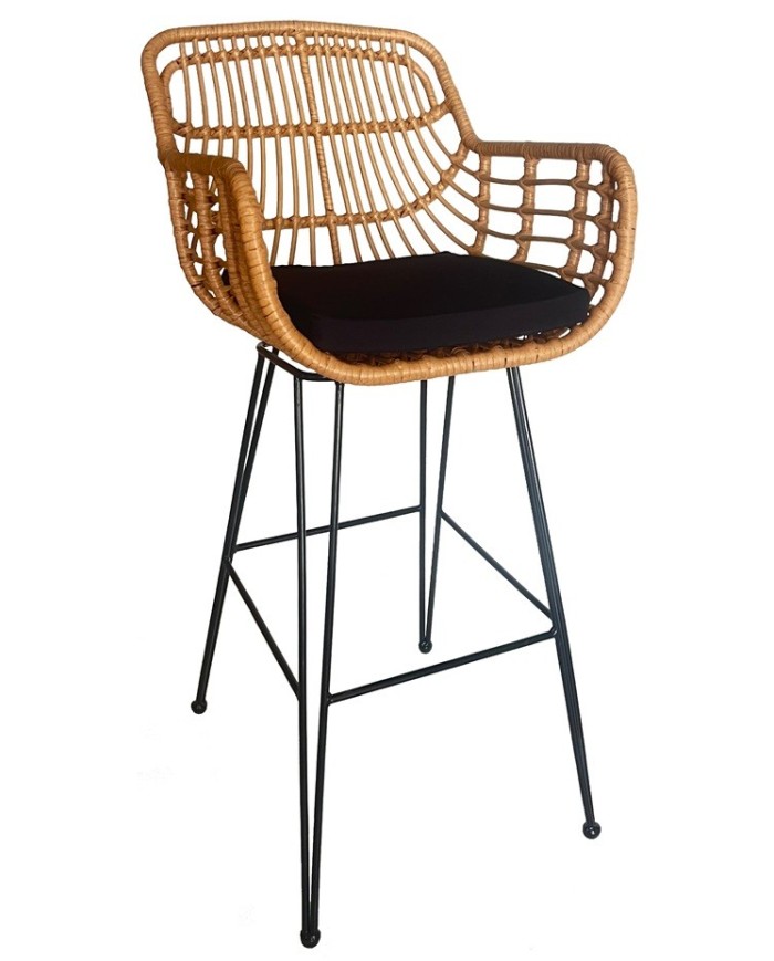 Taburete JAMBI, metal, ratán beige, cojín negro