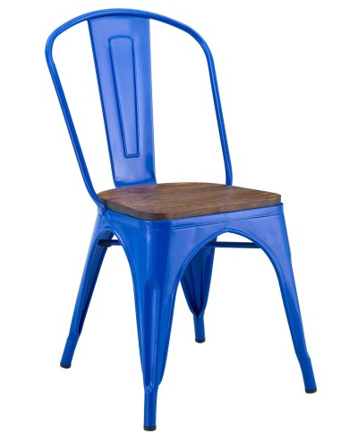 Silla TOL EK WOOD, acero, azul, asiento madera