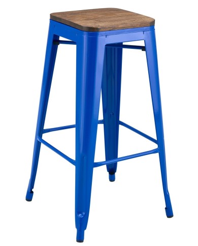 Taburete TOL EK WOOD, acero, azul, asiento madera