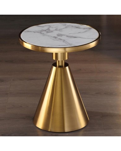 Mesa JASSY BL, baja, dorada, tapa cerámica mármol blanco, 50 cms de diámetro