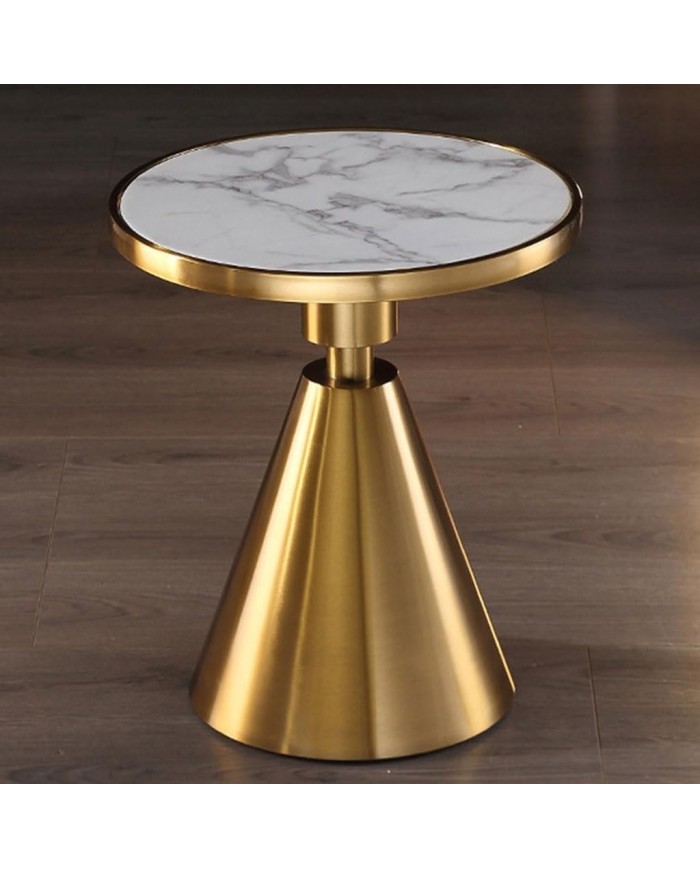 Mesa JASSY BL, baja, dorada, tapa cerámica mármol blanco, 50 cms de diámetro