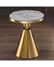 Mesa JASSY BL, baja, dorada, tapa cerámica mármol blanco, 50 cms de diámetro