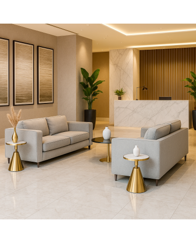 Mesa JASSY BL, baja, dorada, tapa cerámica mármol blanco, 50 cms de diámetro