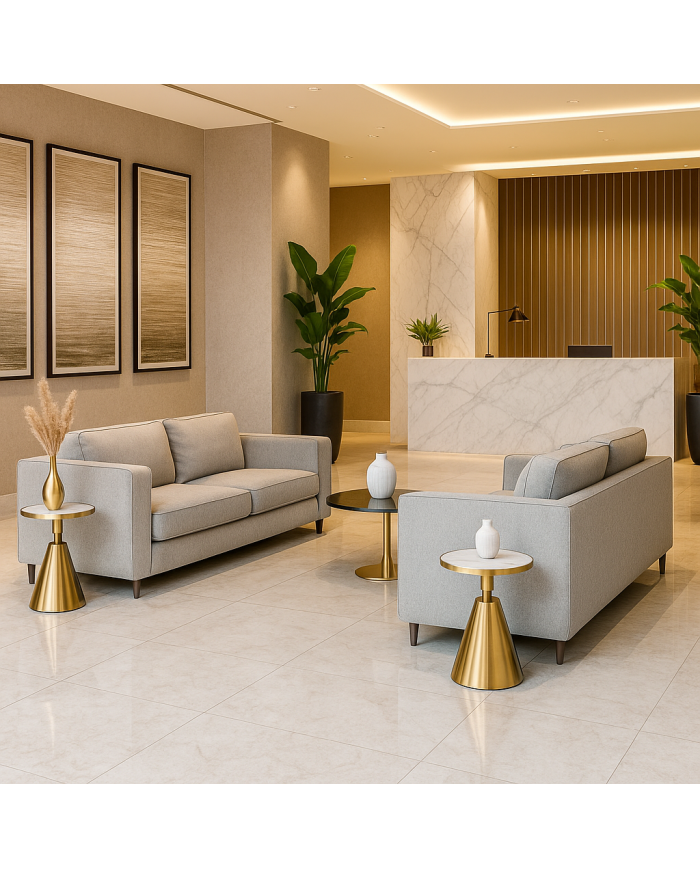 Mesa JASSY BL, baja, dorada, tapa cerámica mármol blanco, 50 cms de diámetro