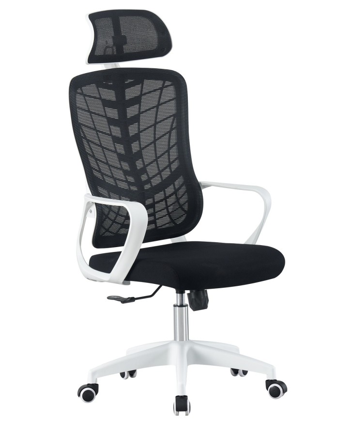 Sillón de oficina MELLAC, alto, blanco, malla y asiento negro