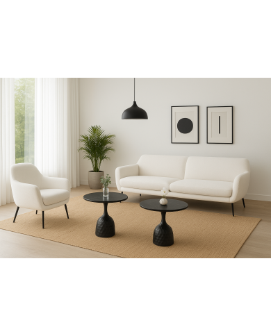 Mesa CAVEZZO, baja, negra, tapa cerámica mármol negro, 50 cms de diámetro