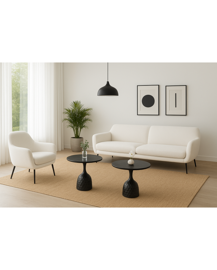 Mesa CAVEZZO, baja, negra, tapa cerámica mármol negro, 50 cms de diámetro