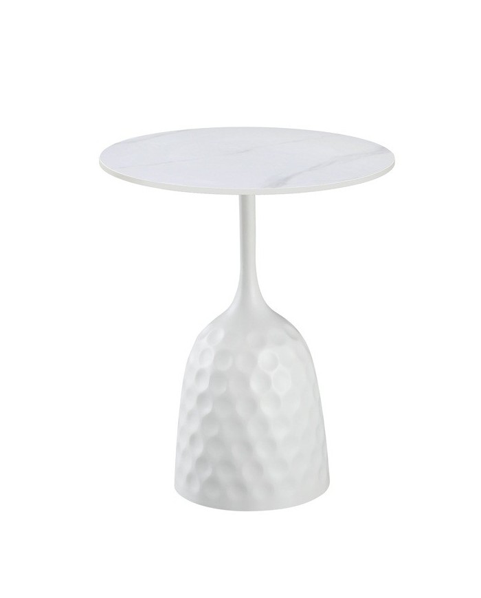 Mesa CAVEZZO, baja, blanca, tapa cerámica mármol blanco, 50 cms de diámetro