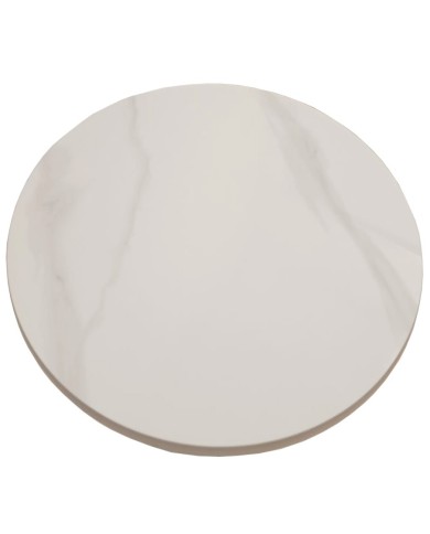 Mesa CAVEZZO, baja, blanca, tapa cerámica mármol blanco, 50 cms de diámetro