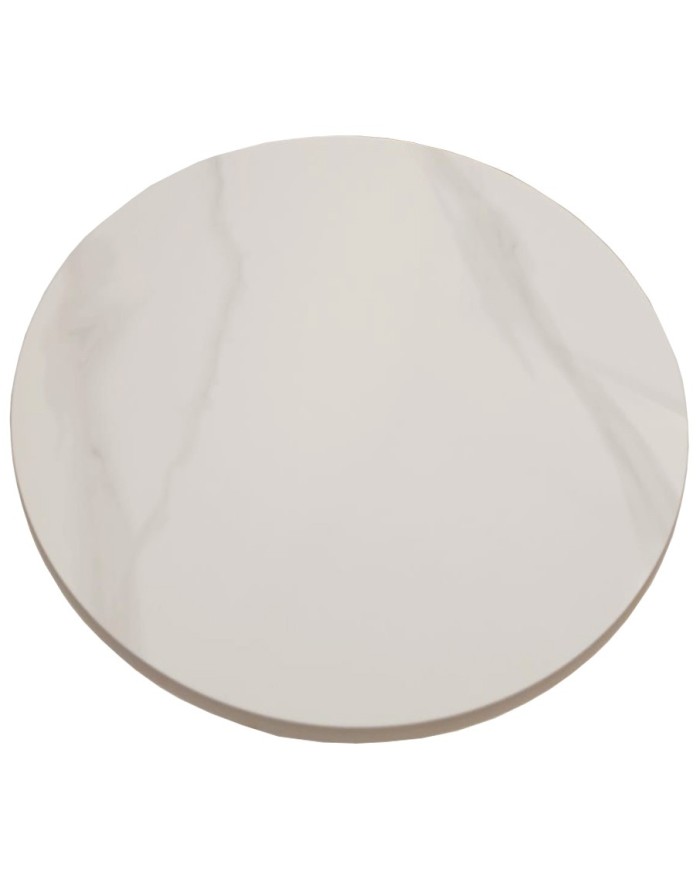 Mesa CAVEZZO, baja, blanca, tapa cerámica mármol blanco, 50 cms de diámetro