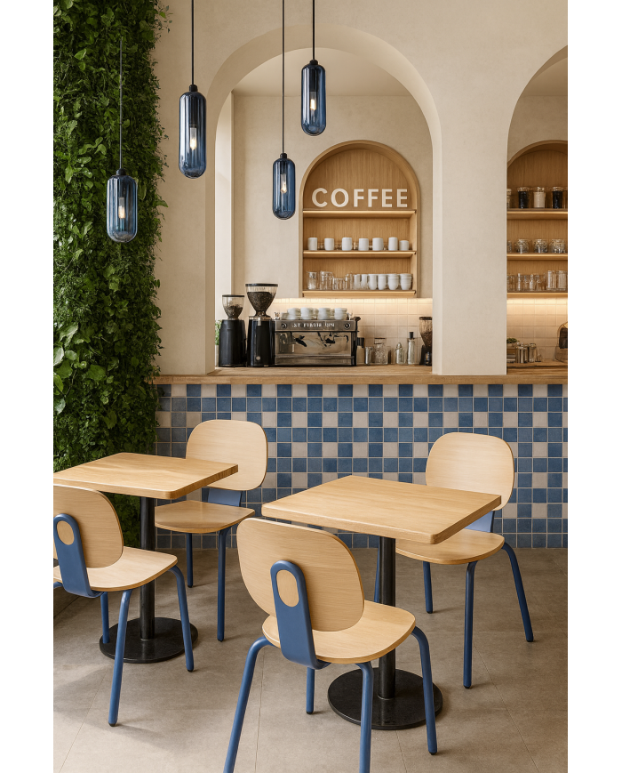 Silla COLMAR, apilable, azul, contrachapado revestido con HPL, color natural