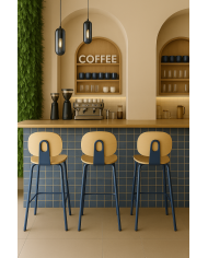 Taburete COLMAR, apilable, azul, contrachapado revestido con HPL, color natural