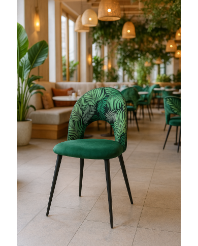 Silla ORQUIDEA, metal, tapizado velvet verde con respaldo floral a juego