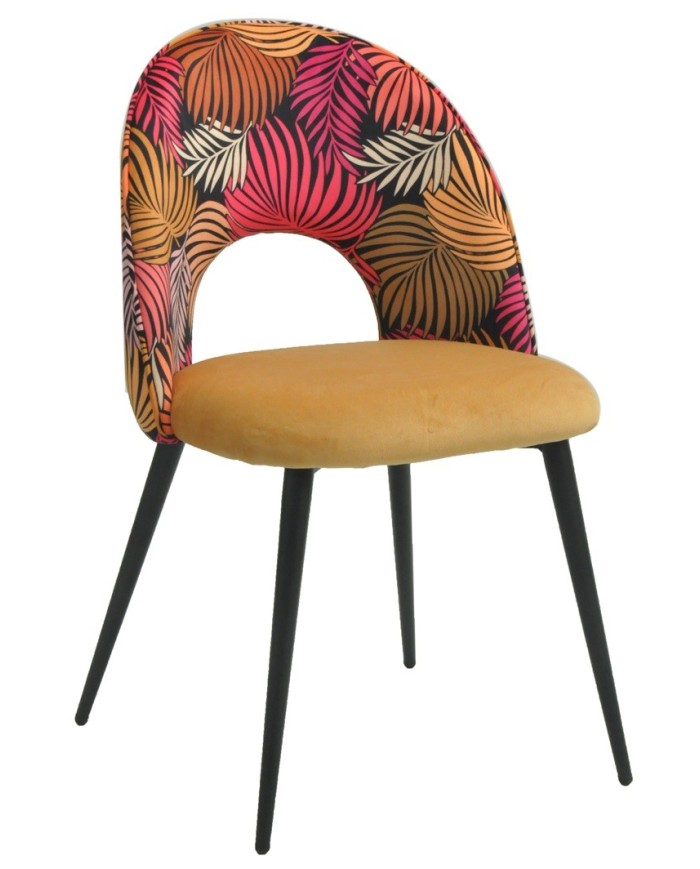 Silla ORQUIDEA, metal, tapizado velvet amarillo con respaldo floral a juego