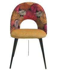 Silla ORQUIDEA, metal, tapizado velvet amarillo con respaldo floral a juego