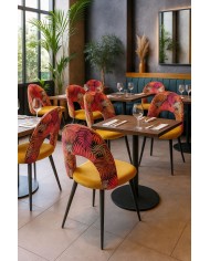 Silla ORQUIDEA, metal, tapizado velvet amarillo con respaldo floral a juego