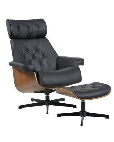 Butaca con ottoman EUROPA, madera, metal, similpiel negra
