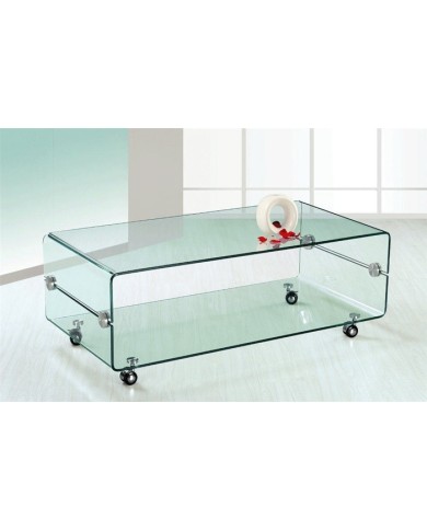 Mesa MELBOURNE, cristal curvado, ruedas, 120x60 cms