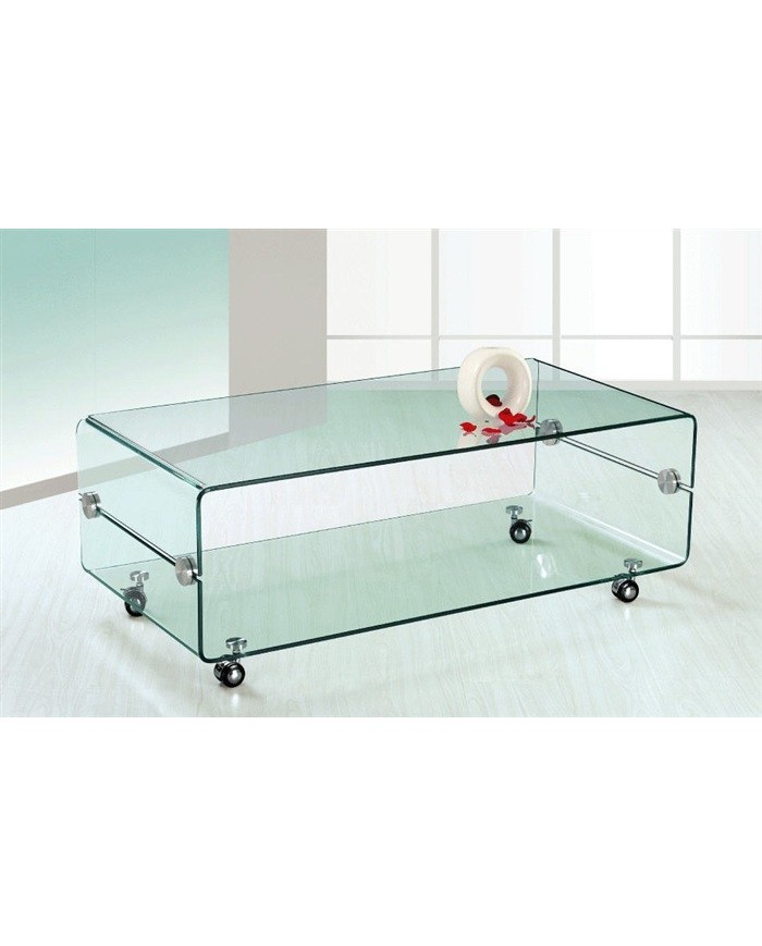 Mesa MELBOURNE, cristal curvado, ruedas, 120x60 cms