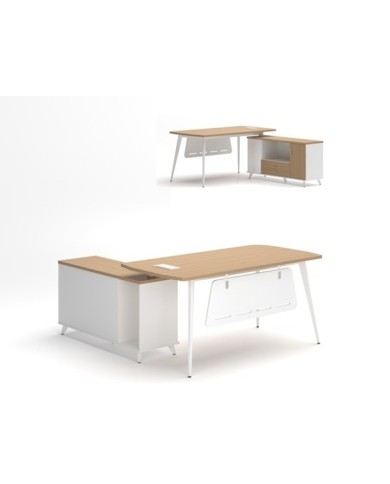 Mesa de oficina AREZZO 180, con mueble auxiliar, blanco y roble, 180 x 176,5 cms