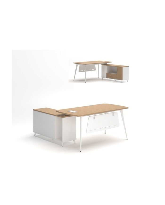 Mesa de oficina AREZZO 180, con mueble auxiliar, blanco y roble, 180 x 176,5 cms