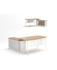 Mesa de oficina AREZZO 180, con mueble auxiliar, blanco y roble, 180 x 176,5 cms