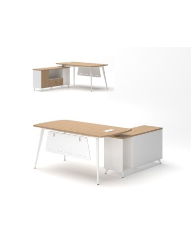 Mesa de oficina AREZZO 160, con mueble auxiliar, blanco y roble, 160 x 174 cms