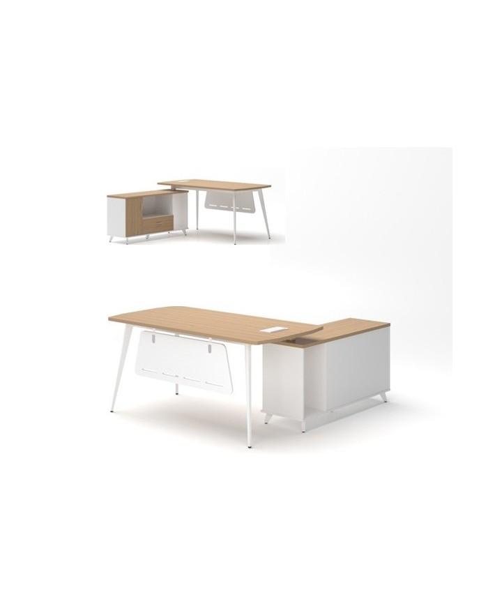Mesa de oficina AREZZO 160, con mueble auxiliar, blanco y roble, 160 x 174 cms