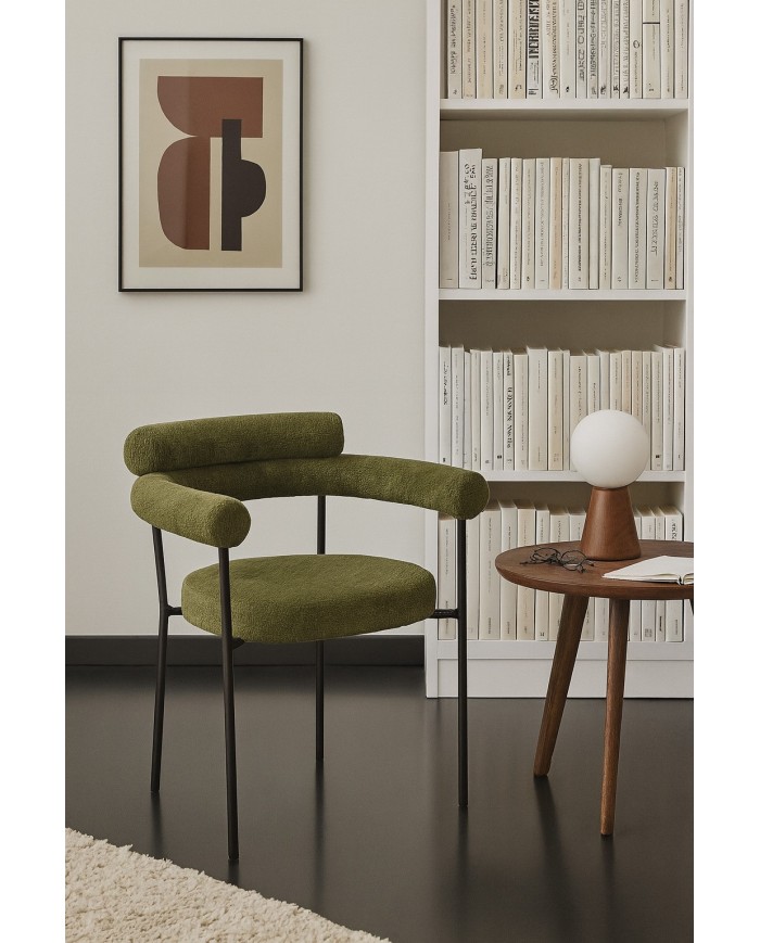 Sillón CERVANTES, metal, tapizado tejido bouclé verde oscuro