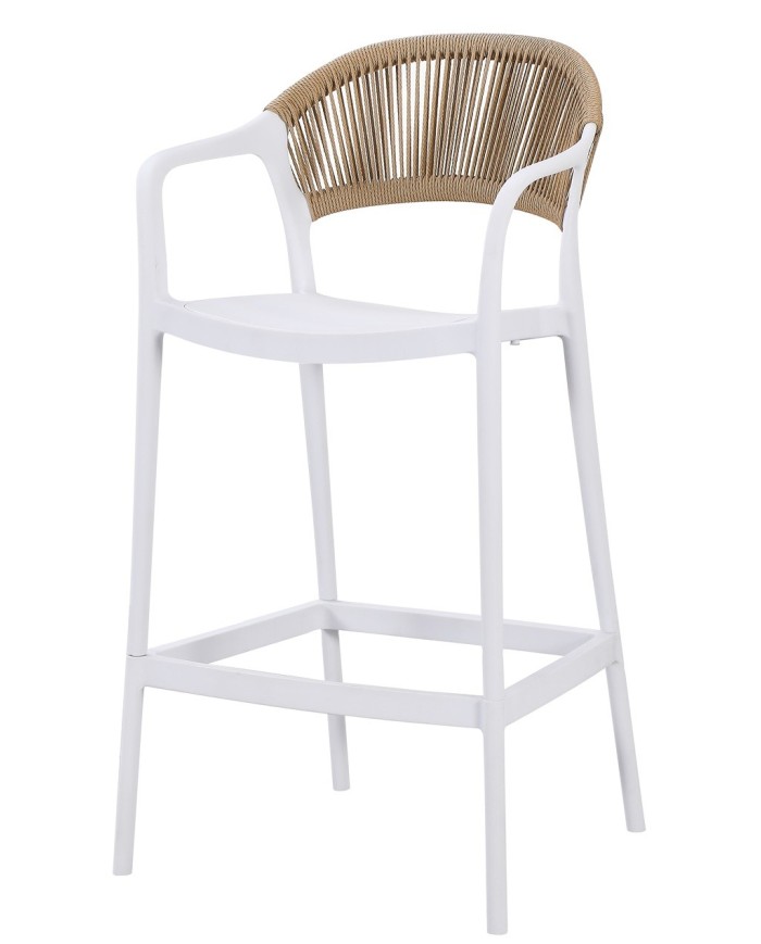 Taburete IBIZA, apilable, tratamiento anti UV, polipropileno blanco, cuerda natural
