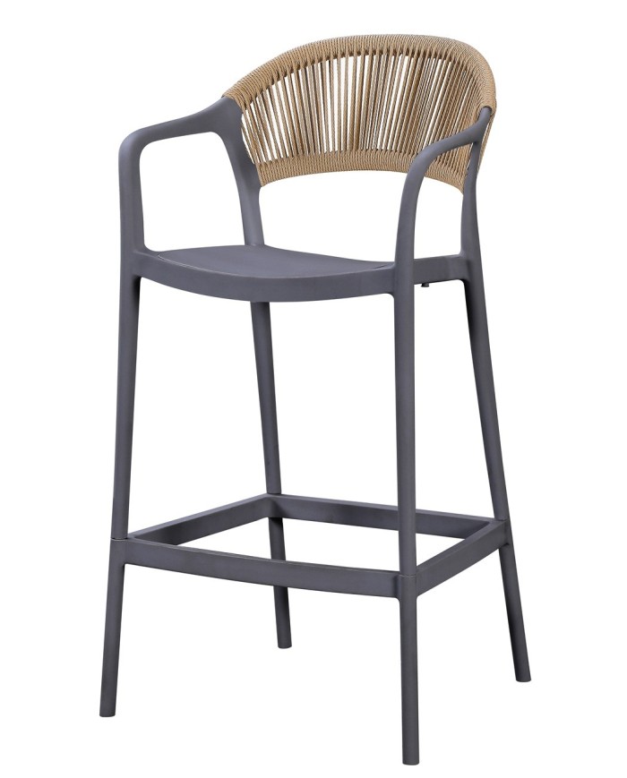 Taburete IBIZA, apilable, tratamiento anti UV, polipropileno gris oscuro, cuerda natural