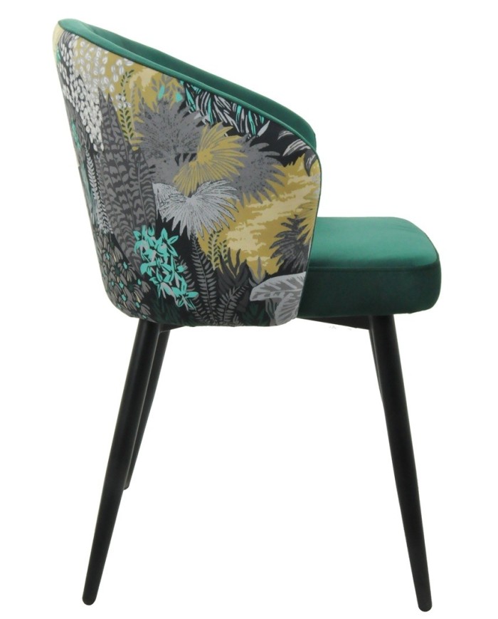 Silla LYDIA, metal, tapizado velvet verde con respaldo floral a juego