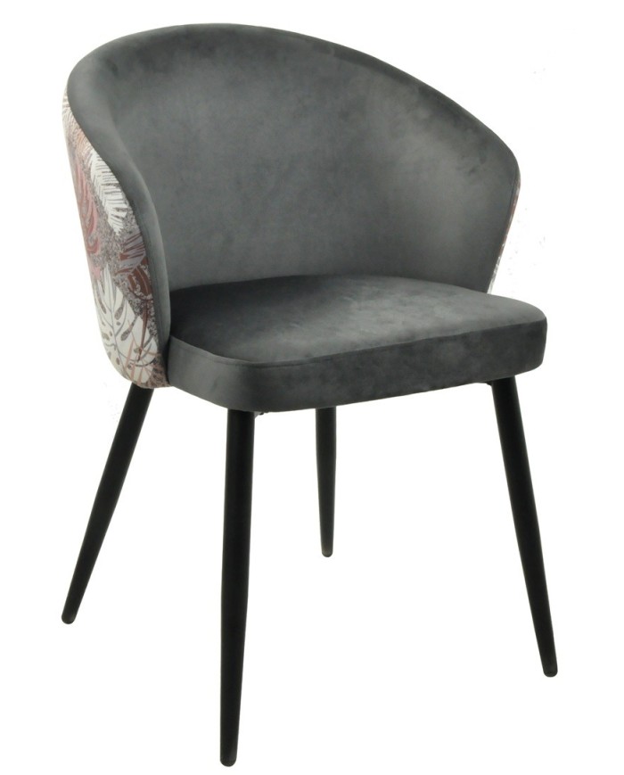 Silla LYDIA, metal, tapizado velvet gris con respaldo floral a juego