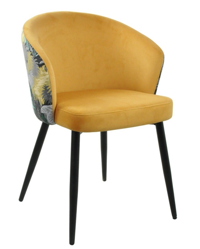 Silla LYDIA, metal, tapizado velvet amarillo con respaldo floral a juego