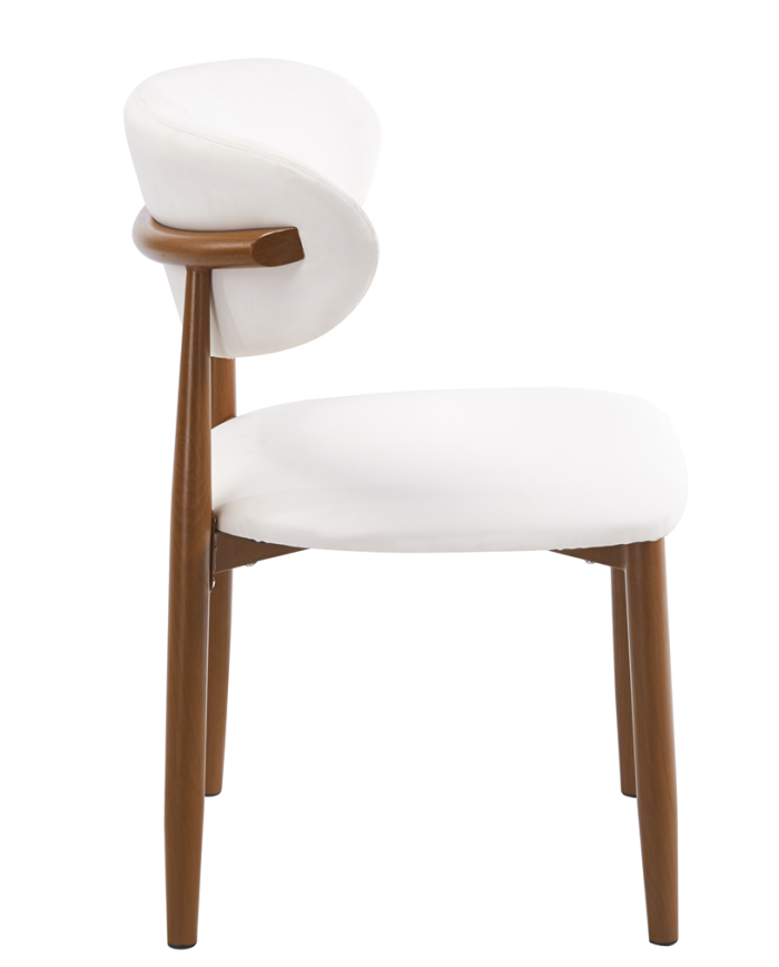 Silla DACHAU, metal acabado de color madera, similpiel blanca