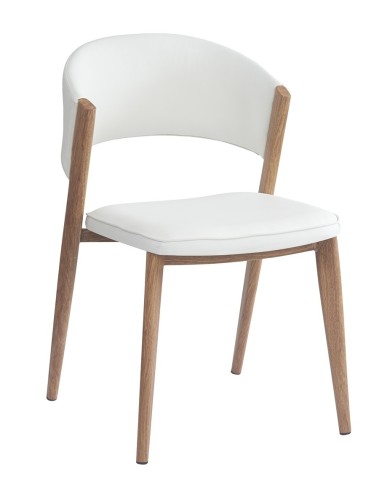 Silla CALABRIA, metal acabado de color madera, similpiel blanca