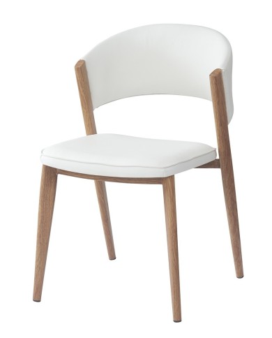 Silla CALABRIA, metal acabado de color madera, similpiel blanca