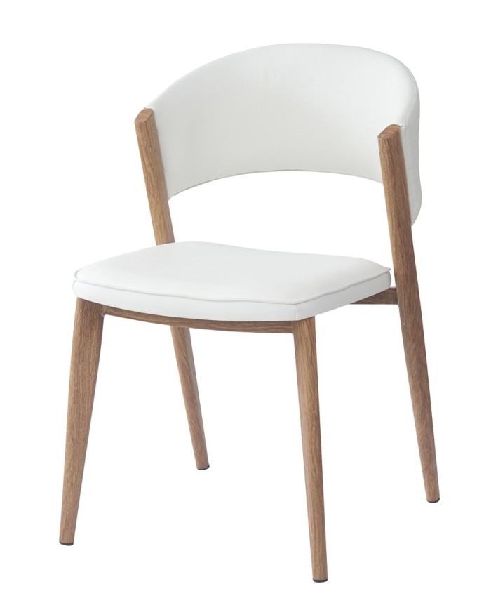 Silla CALABRIA, metal acabado de color madera, similpiel blanca