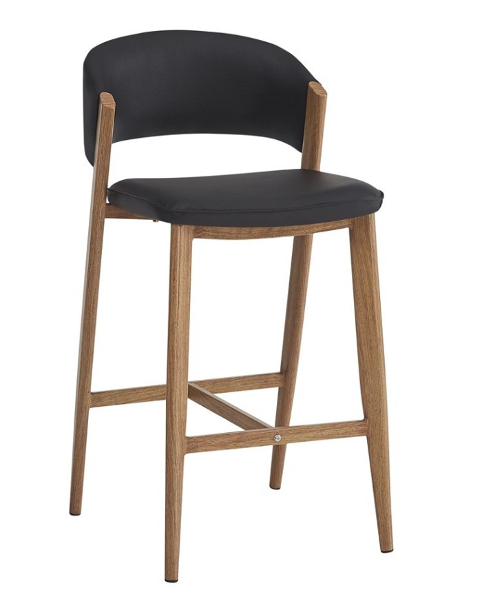 Taburete CALABRIA, metal acabado de color madera, similpiel negra