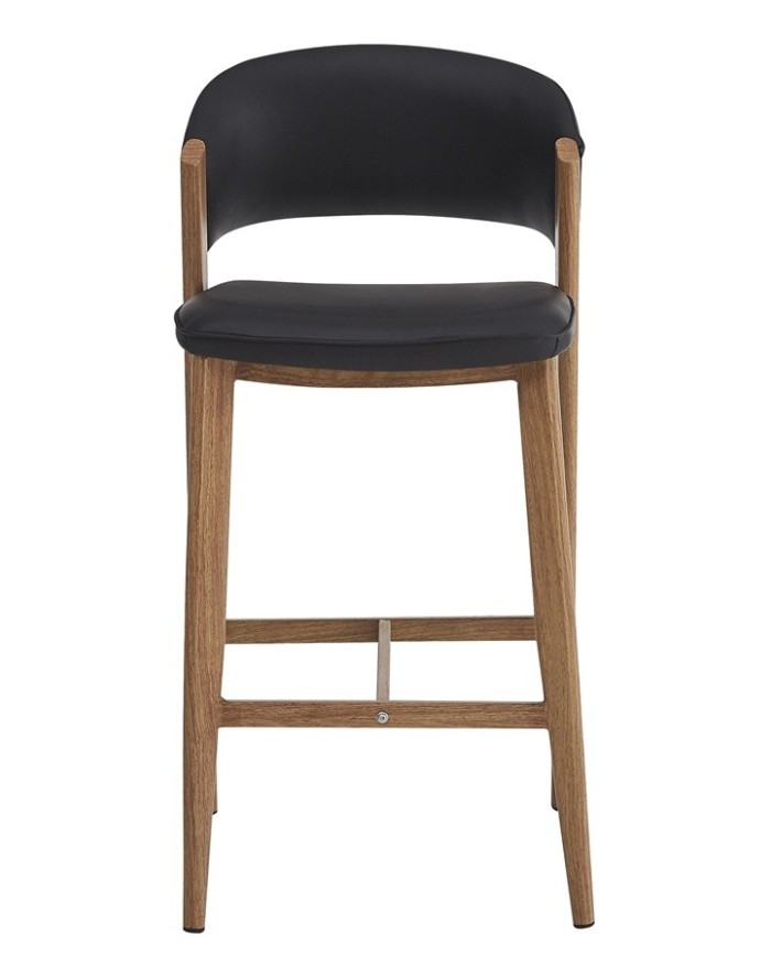 Taburete CALABRIA, metal acabado de color madera, similpiel negra