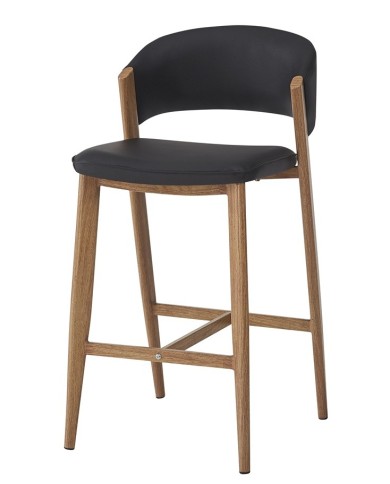 Taburete CALABRIA, metal acabado de color madera, similpiel negra