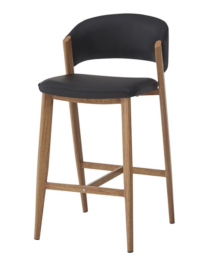 Taburete CALABRIA, metal acabado de color madera, similpiel negra