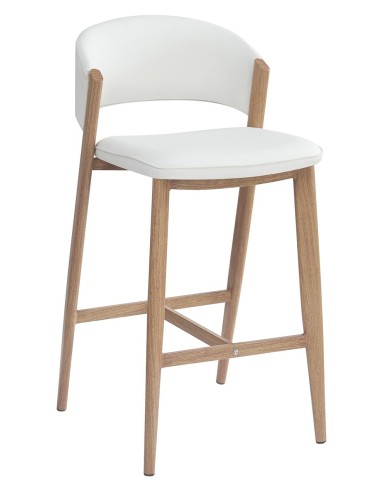 Taburete CALABRIA, metal acabado de color madera, similpiel blanca