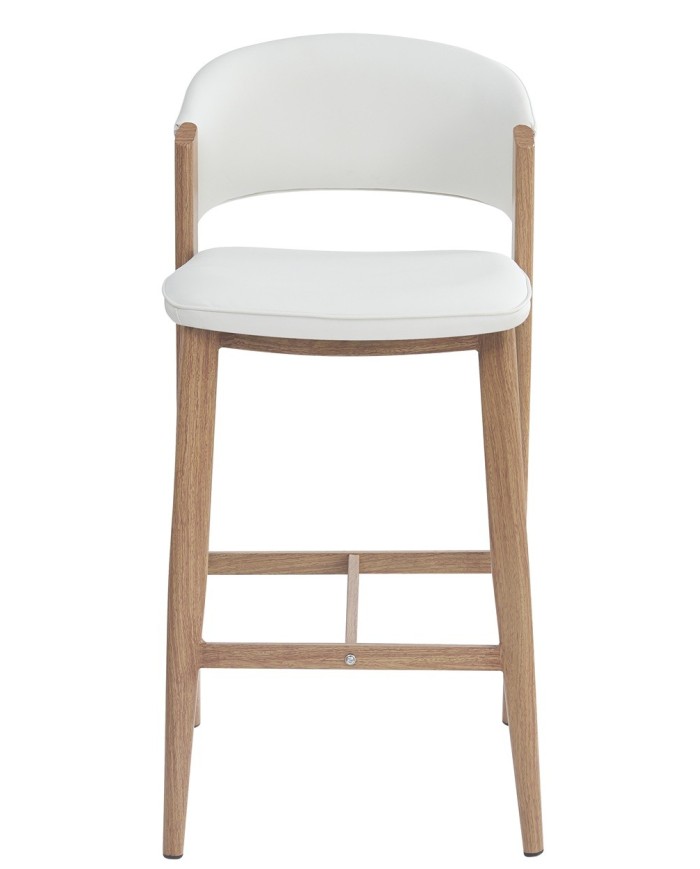 Taburete CALABRIA, metal acabado de color madera, similpiel blanca